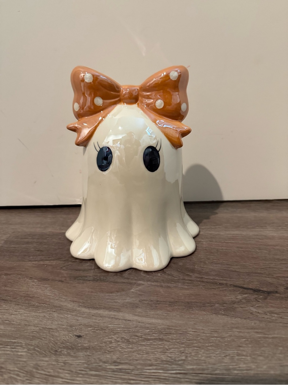 Absolutely Adorable Ceramic Ghost Figurine with Orange Bow and Eyelashes- NWT